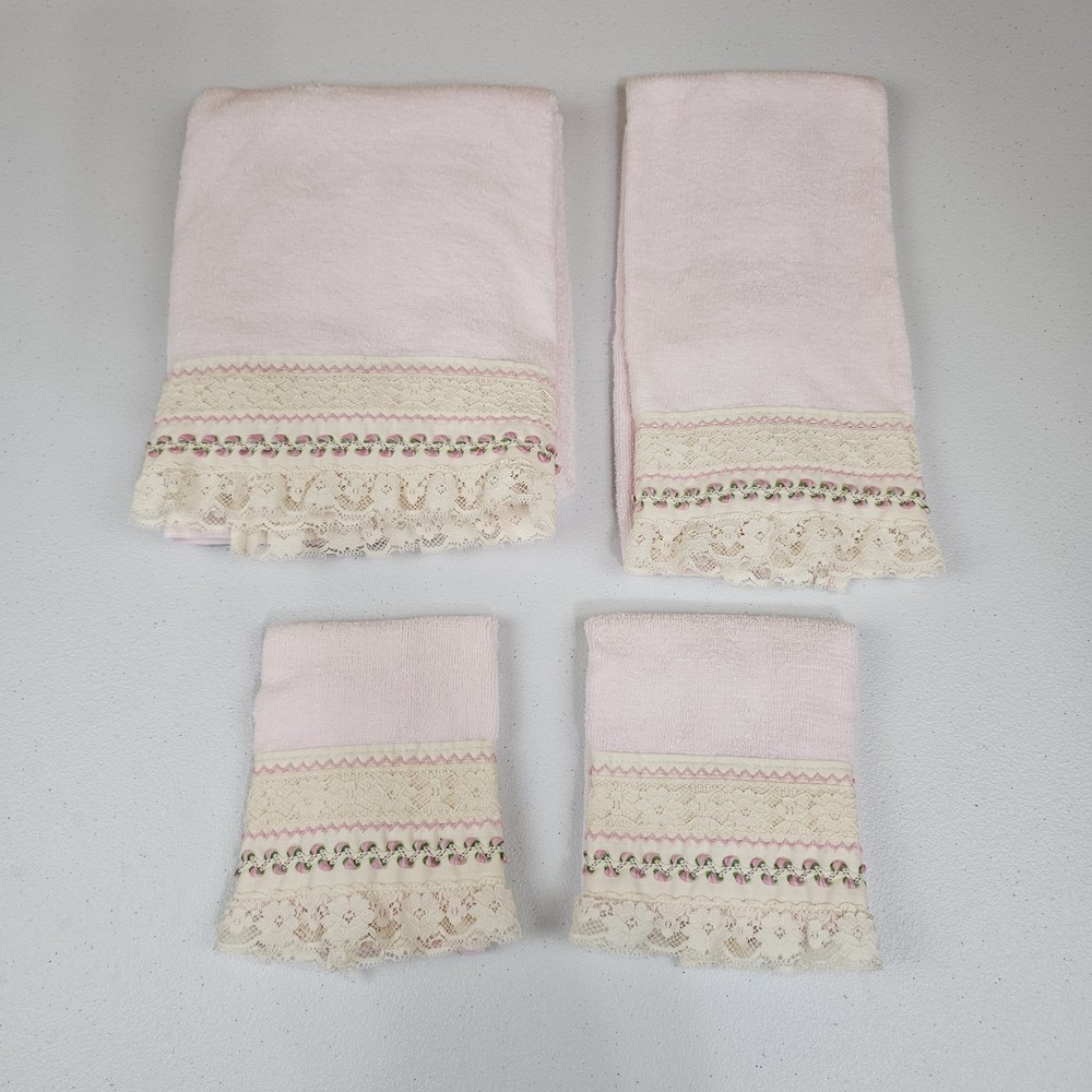 St Marys Vtg 4pc Towel Set Light Pink Lace Embroidered Bath Hand Washcloth